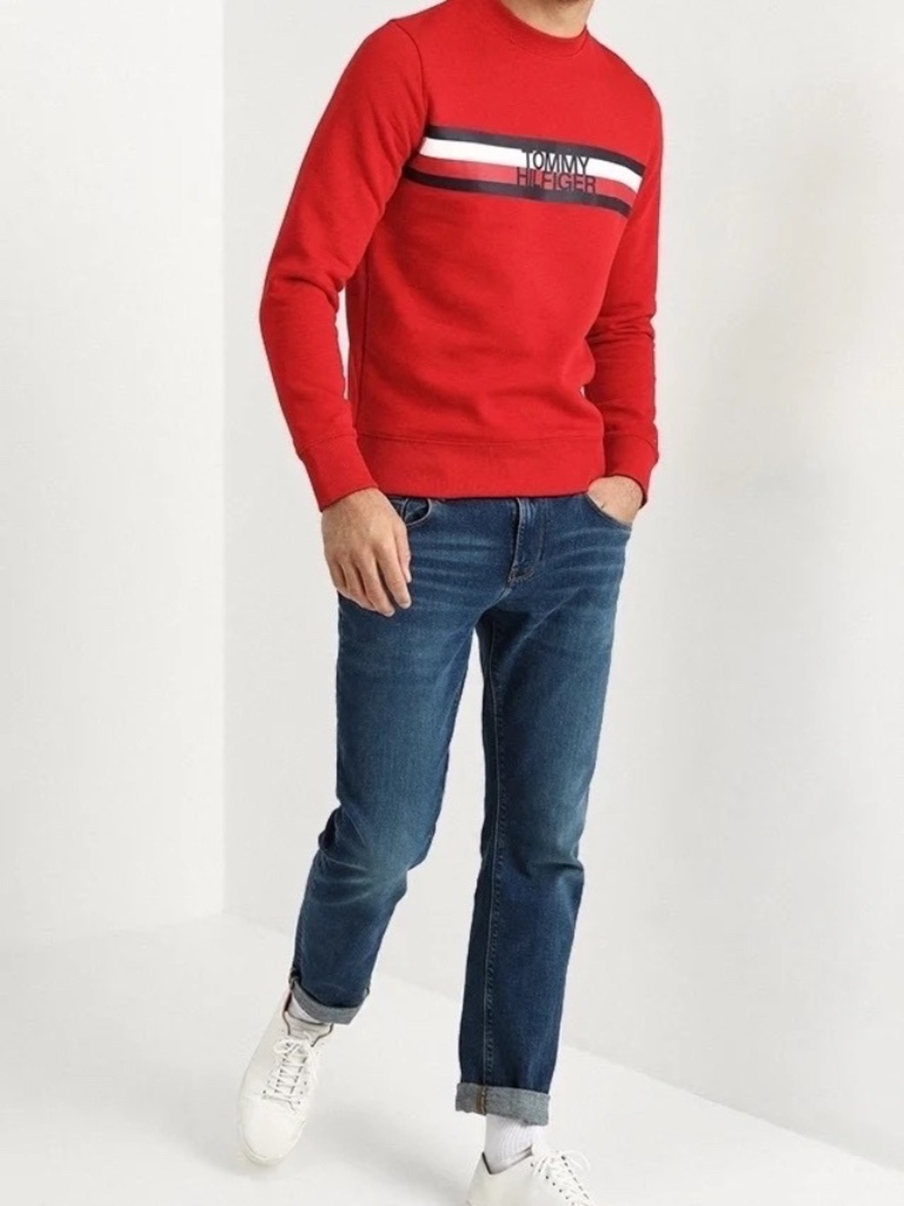 Logo Stripe Crewneck Sweatshirt Red Men’s Size S Tommy Hilfiger